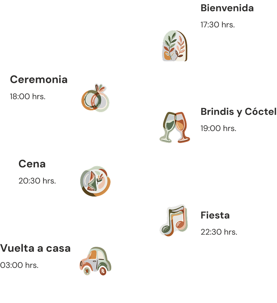 Cronograma del día: Bienvenida 17:30 hrs, Ceremonia 18:00 hrs, Brindis y Cóctel 19:00 hrs, Cena 20:30 hrs, Fiesta 22:30 hrs, Vuelta a casa 03:00 hrs